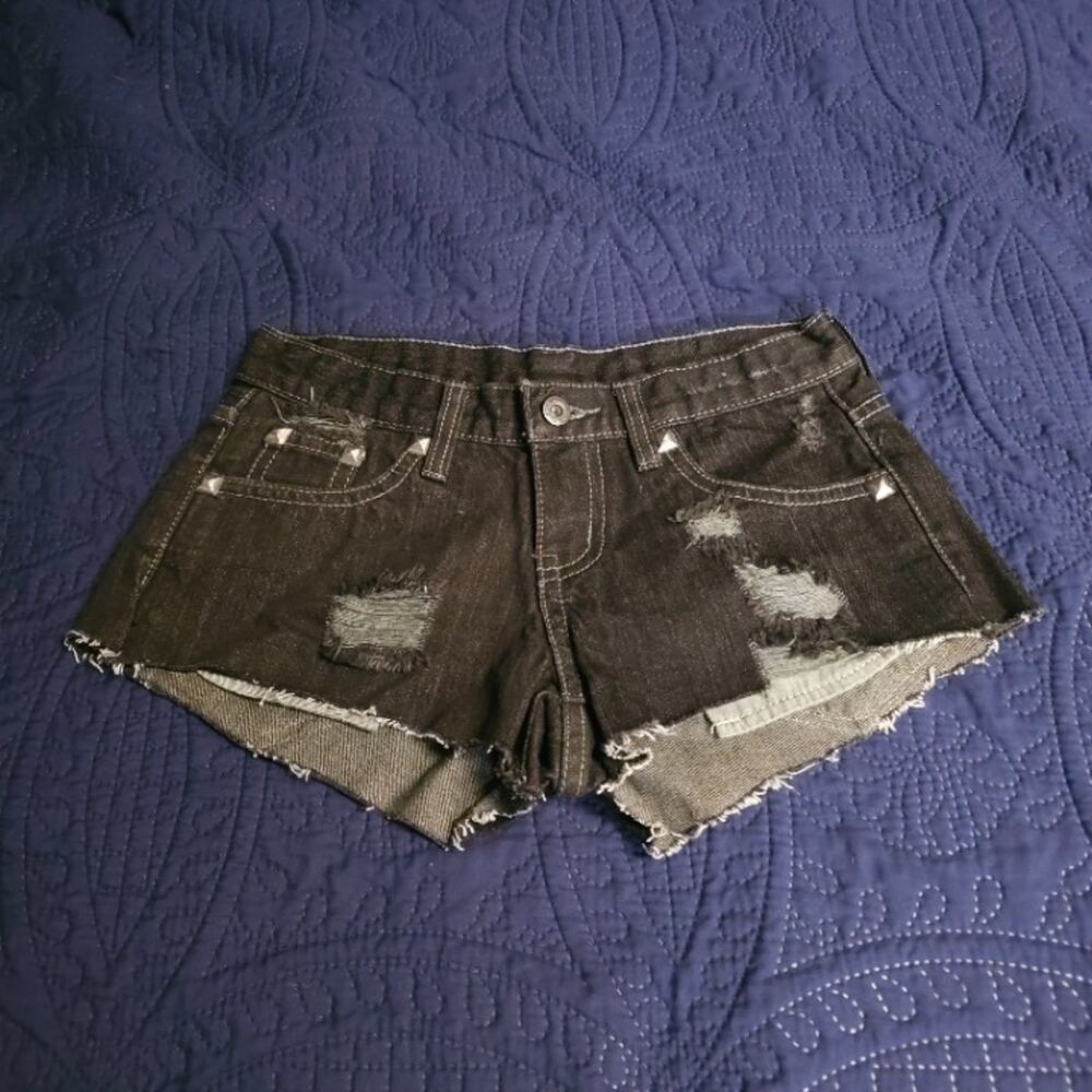 Black Gothic Studded Denim Shorts Back Charm Patch Raw Hem Good Condition
